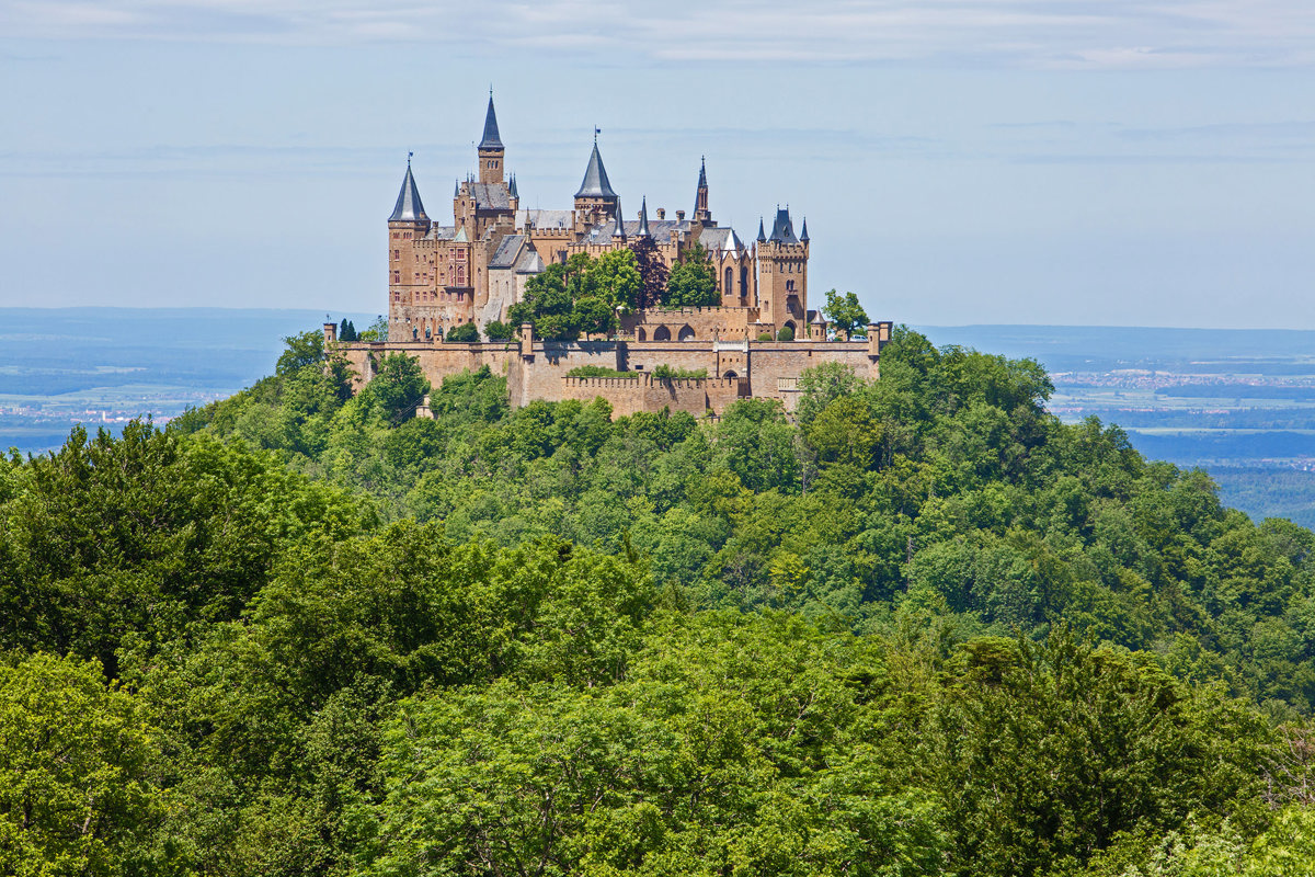 Burg oben auf einem Berg umgeben von Wald