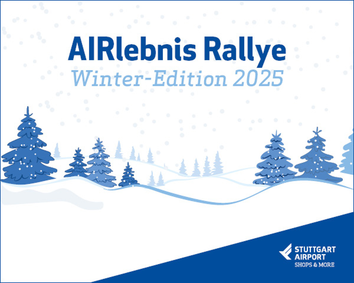 Eine gezeichnete Schneelandschaft mit Tannenbäumen die zum Mitmachen bei der Airlebnis-Rallye am Flughafen Stuttgart anregen soll.